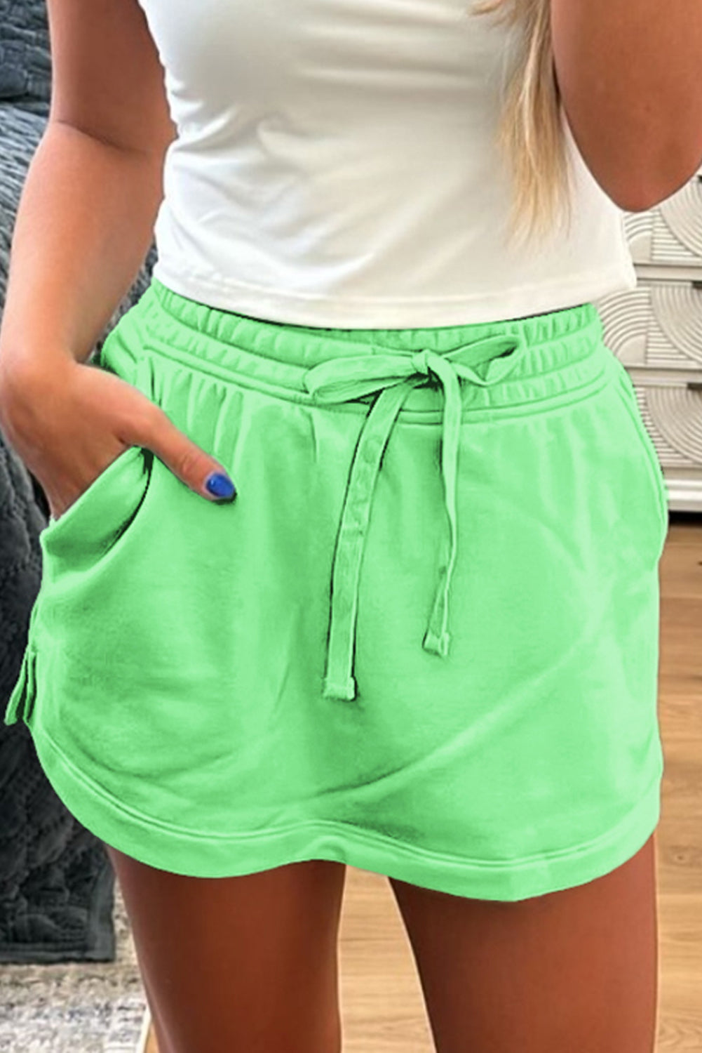 Black French Terry Drawstring Elastic Waistband Mini Skort with Pockets by Dear-Lover Dropshipping