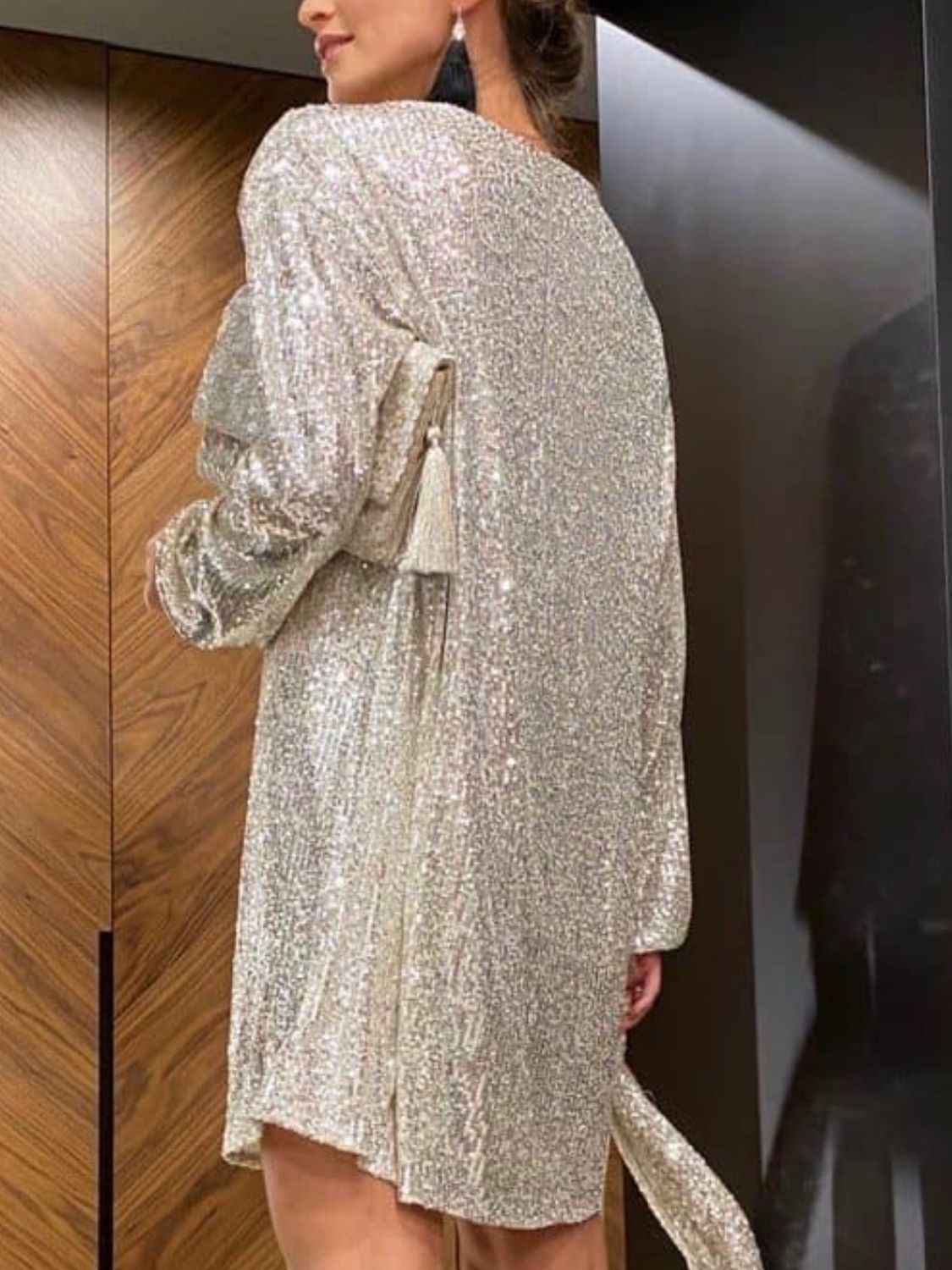 Sequin Tie Waist Long Sleeve Mini Dress by Wild and Free Boutique