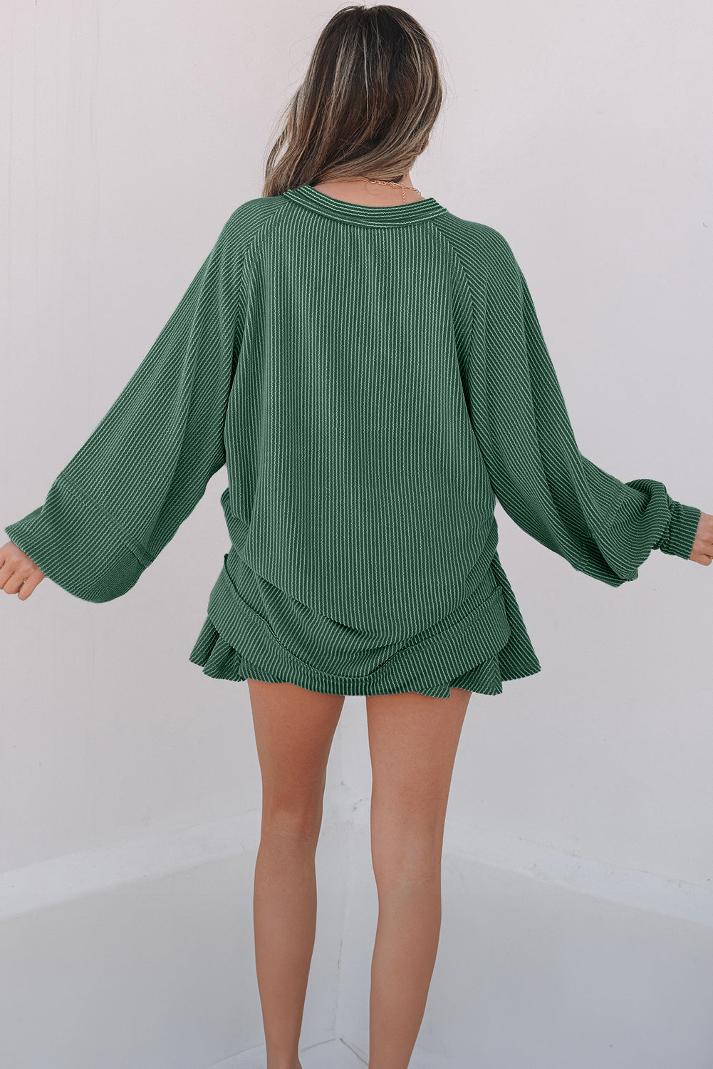 Jet Stream Corded Lantern Sleeve Top High Waist Ruffled Mini Skirt Set by Wild and Free Boutique