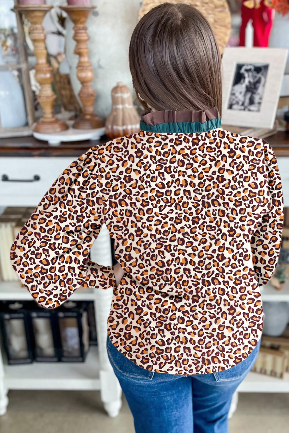 Brown Leopard Print Contrast Frilled Trim Button Down V Neck Shirt by Wild and Free Boutique