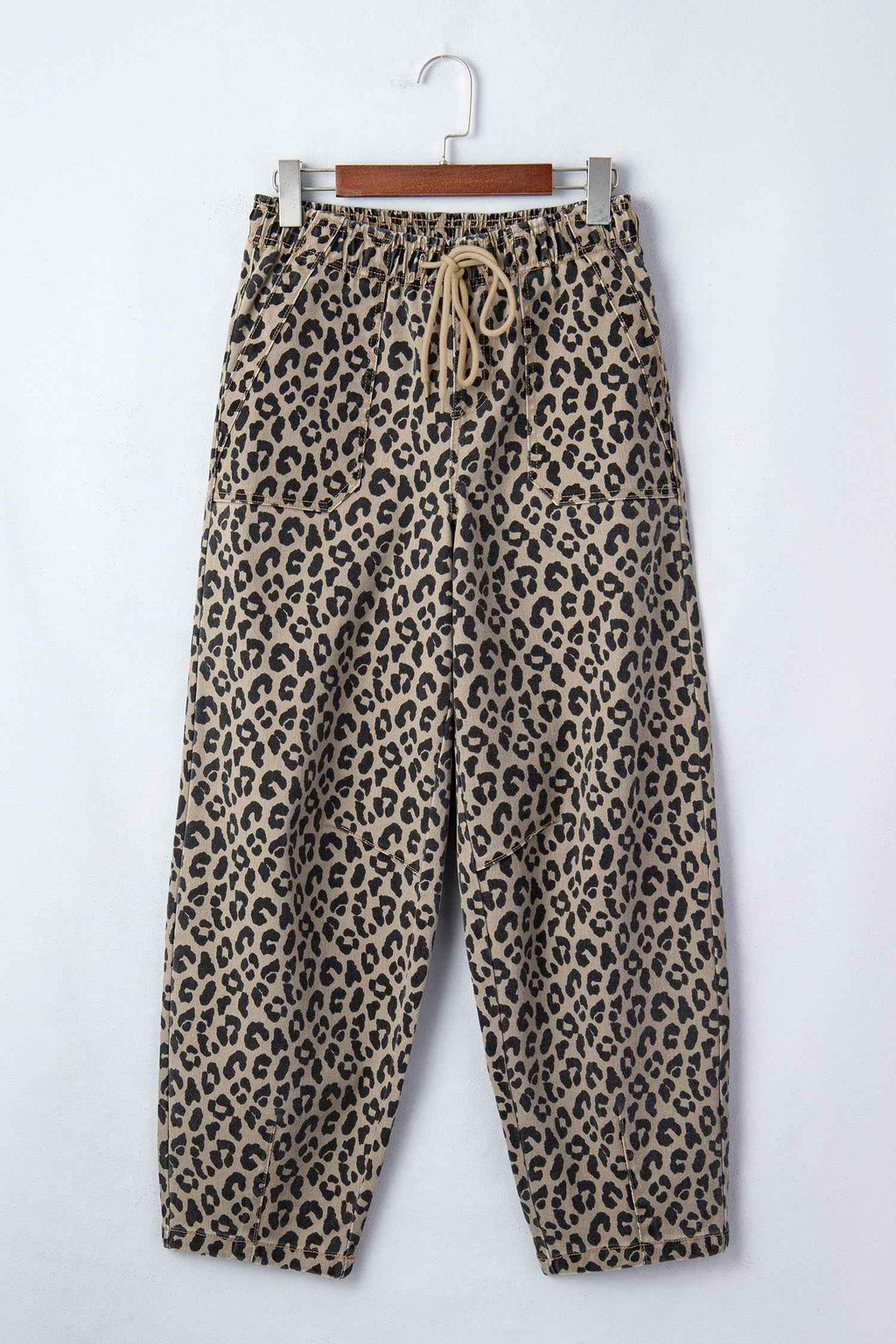 Khaki Leopard Print Drawstring Elastic Waist Loose Denim Pants with Pockets by Wild and Free Boutique