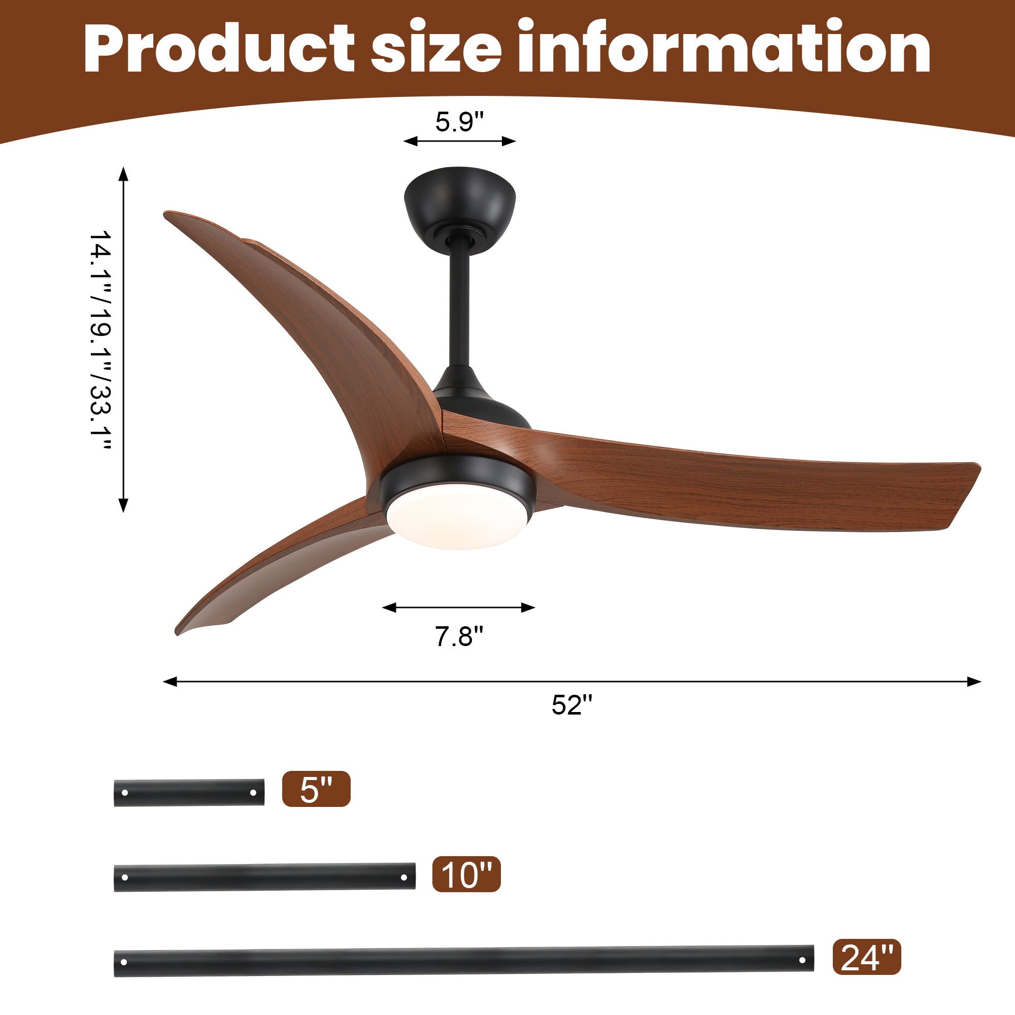 Ceiling Fan With 3 Blades, Remote Control Reversible DC Motor, Dimmable Light, And 1H / 4H / 8H Timer - Black by Unique Piece Furniture