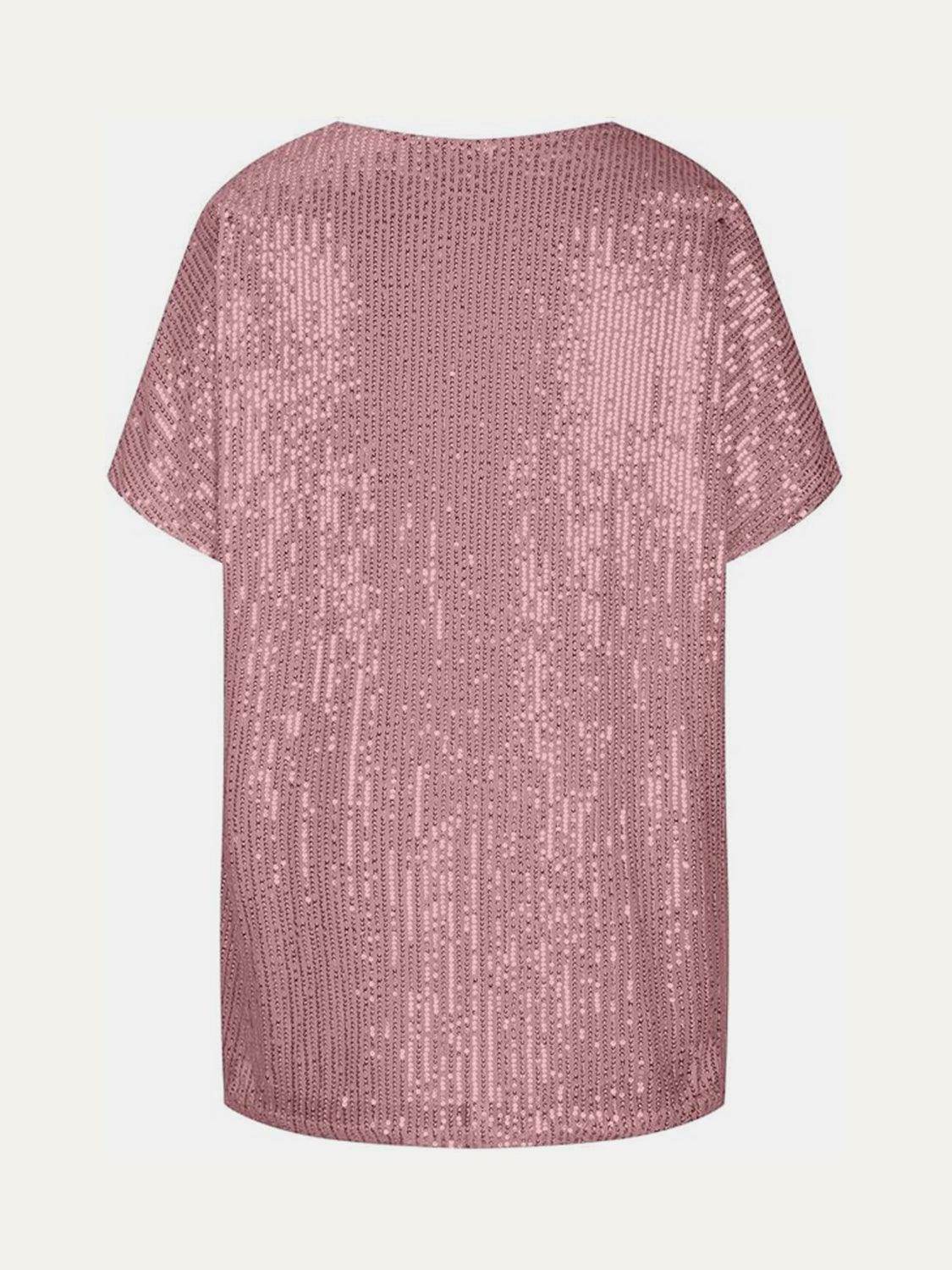 Full Size Sequin V-Neck Short Sleeve Top for Women by Selvanelle