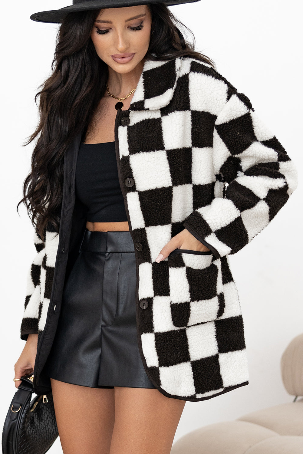 Black Checkered Side Pockets Collared Buttoned Fleece Jacket by Dear-Lover Dropshipping