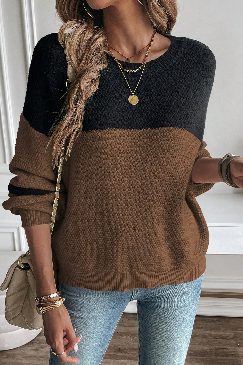Dark Brown Color Block Knit Striped Sleeve Detail Casual Sweater by Wild and Free Boutique