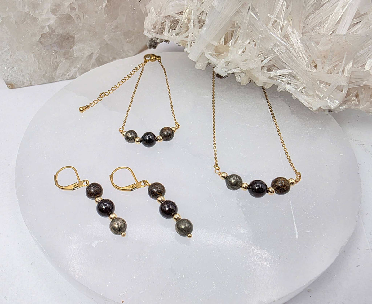 STAY IN MY POWER - Pyrite, Bronzite, Garnet Jewelry Set by Sacred Crystals