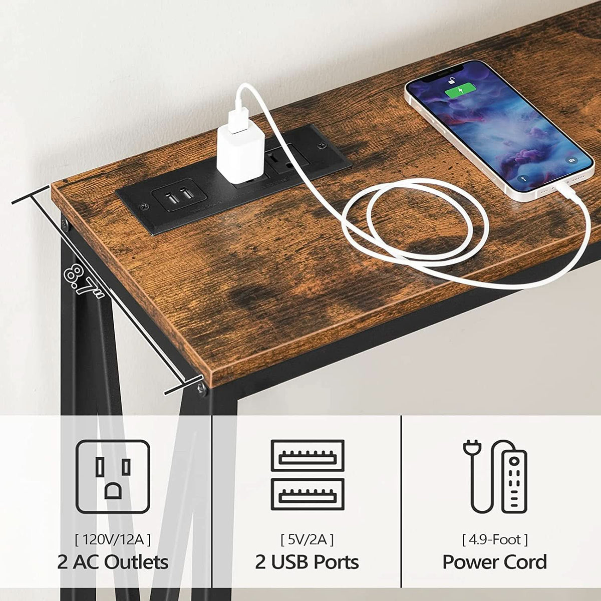 Rustic Brown Sofa Table With Power Outlet And USB Ports by ShipItFurniture