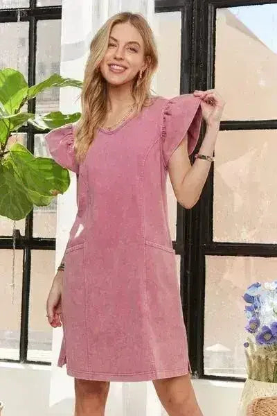 ADORA Mineral Washed V-Neck Ruffled Cap Sleeve Dress by Femstylo
