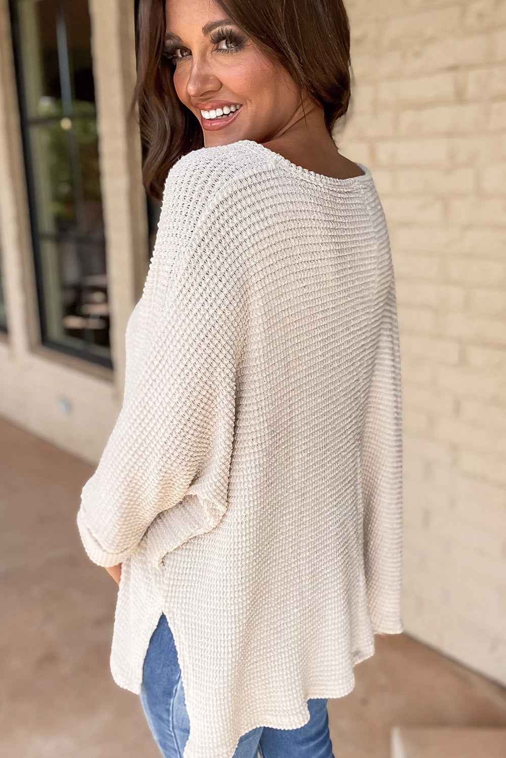 White Waffle Knit Side Slits Loose Fit V Neck Top by Dear-Lover Dropshipping