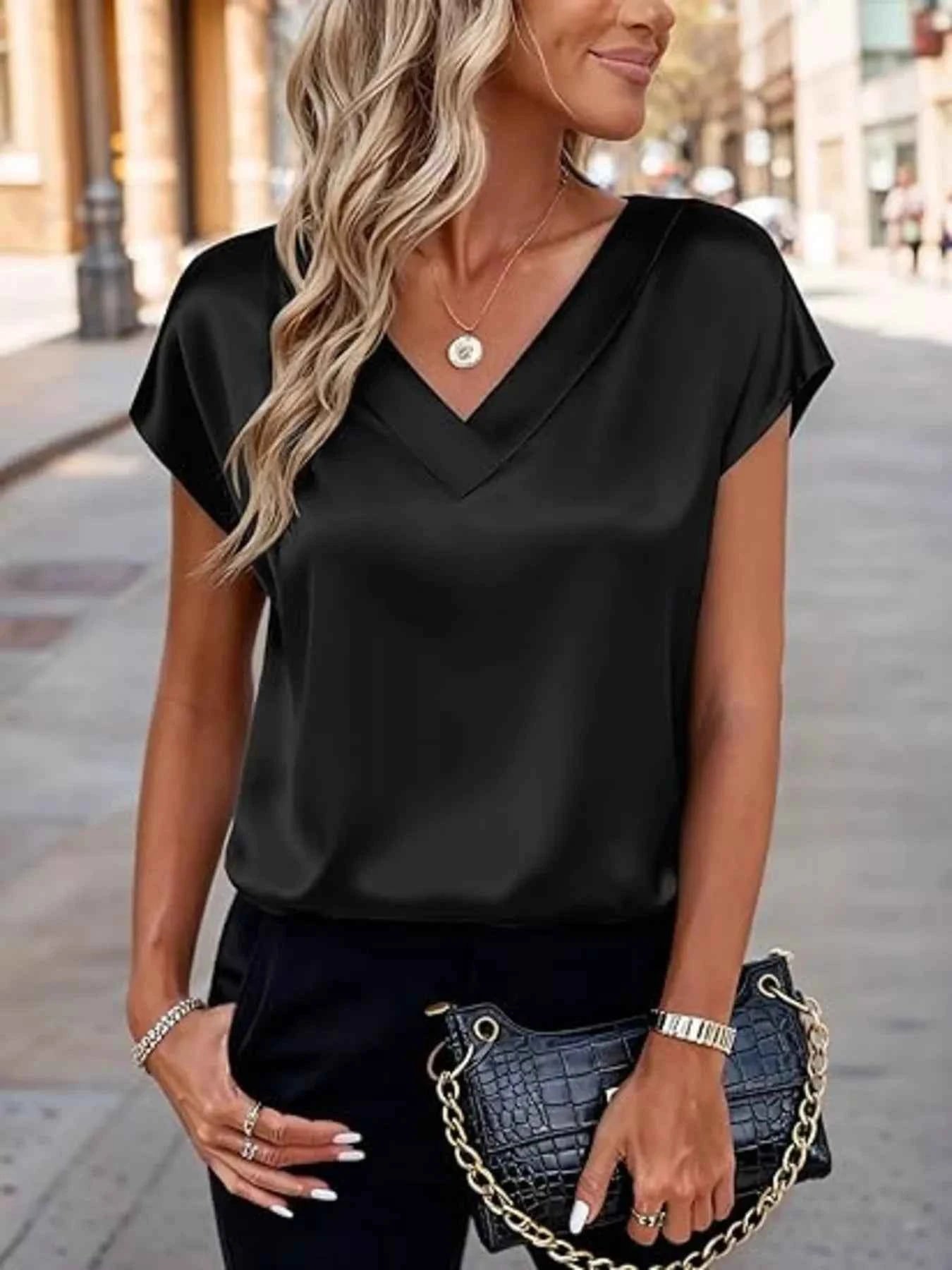 Satin V-Neck Short Sleeve Blouse by Wild and Free Boutique