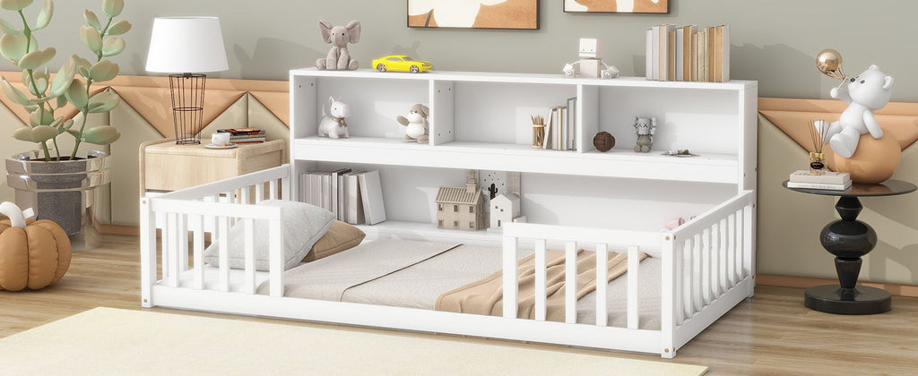 Floor Bed With Bedside Bookcase, Shelves, Guardrails by Unique Piece Furniture
