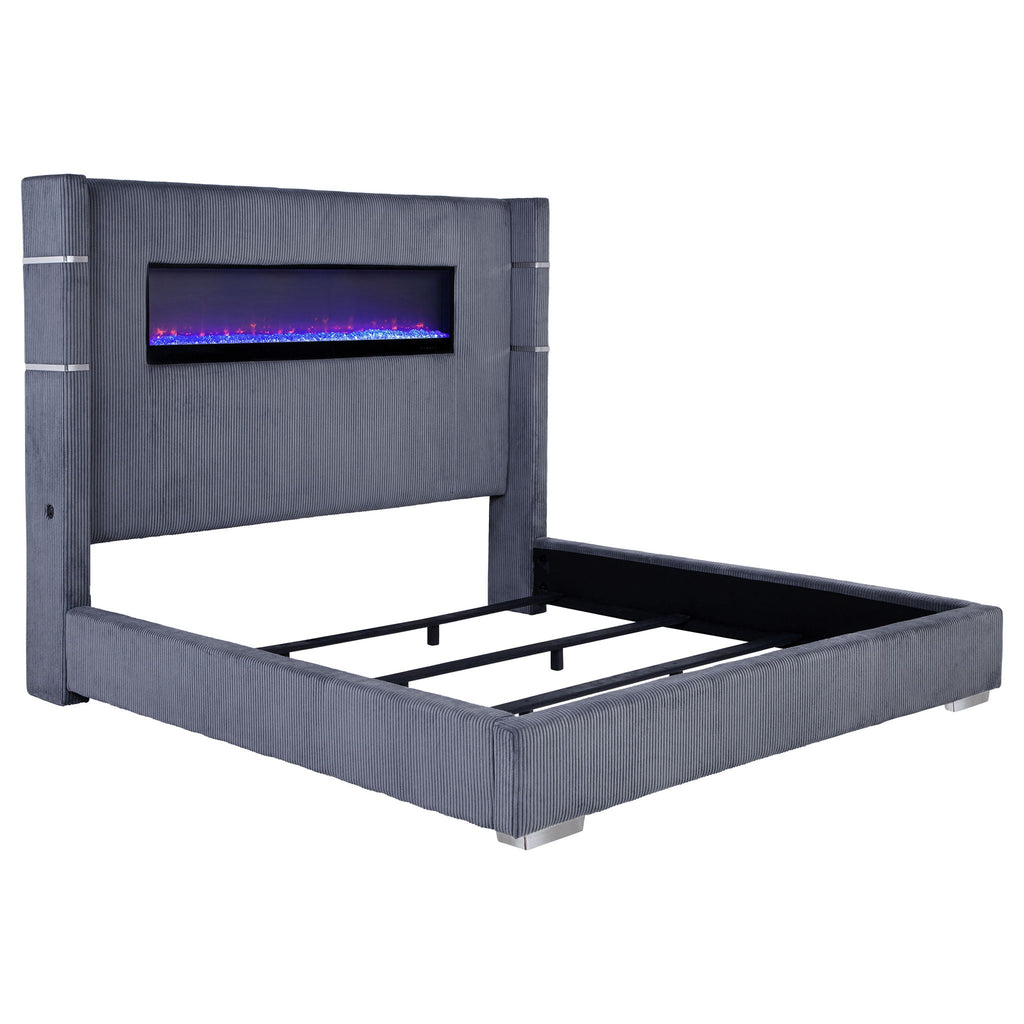 Tisdall Upholstered Eastern King Flame Visualizer Bed Grey by Unique Piece Furniture