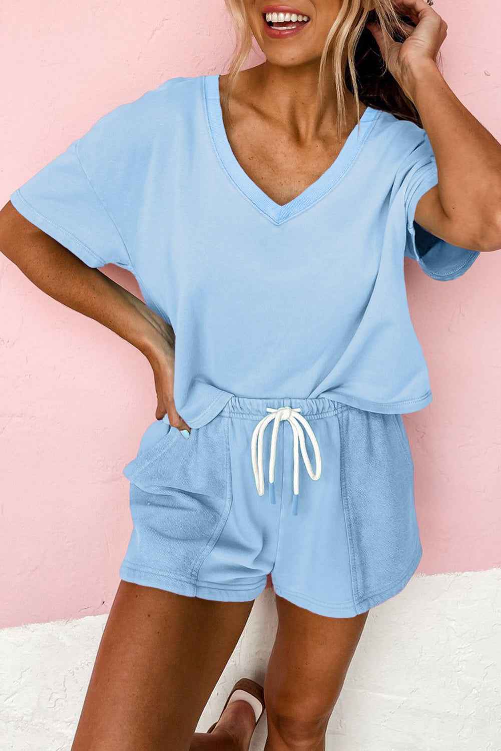 Mint Green V Neck Drop Shoulder Tee and Patchwork Drawstring Elastic Waistband Shorts Set by Dear-Lover Dropshipping