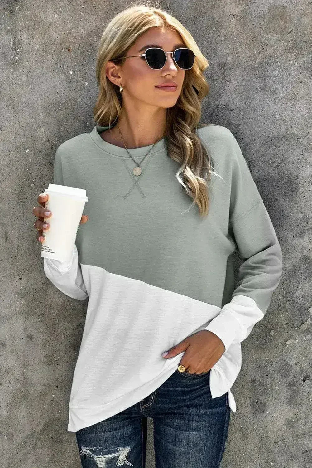 Gray White Patchwork Dropped Shoulder Sleeve Sweatshirt by Femstylo