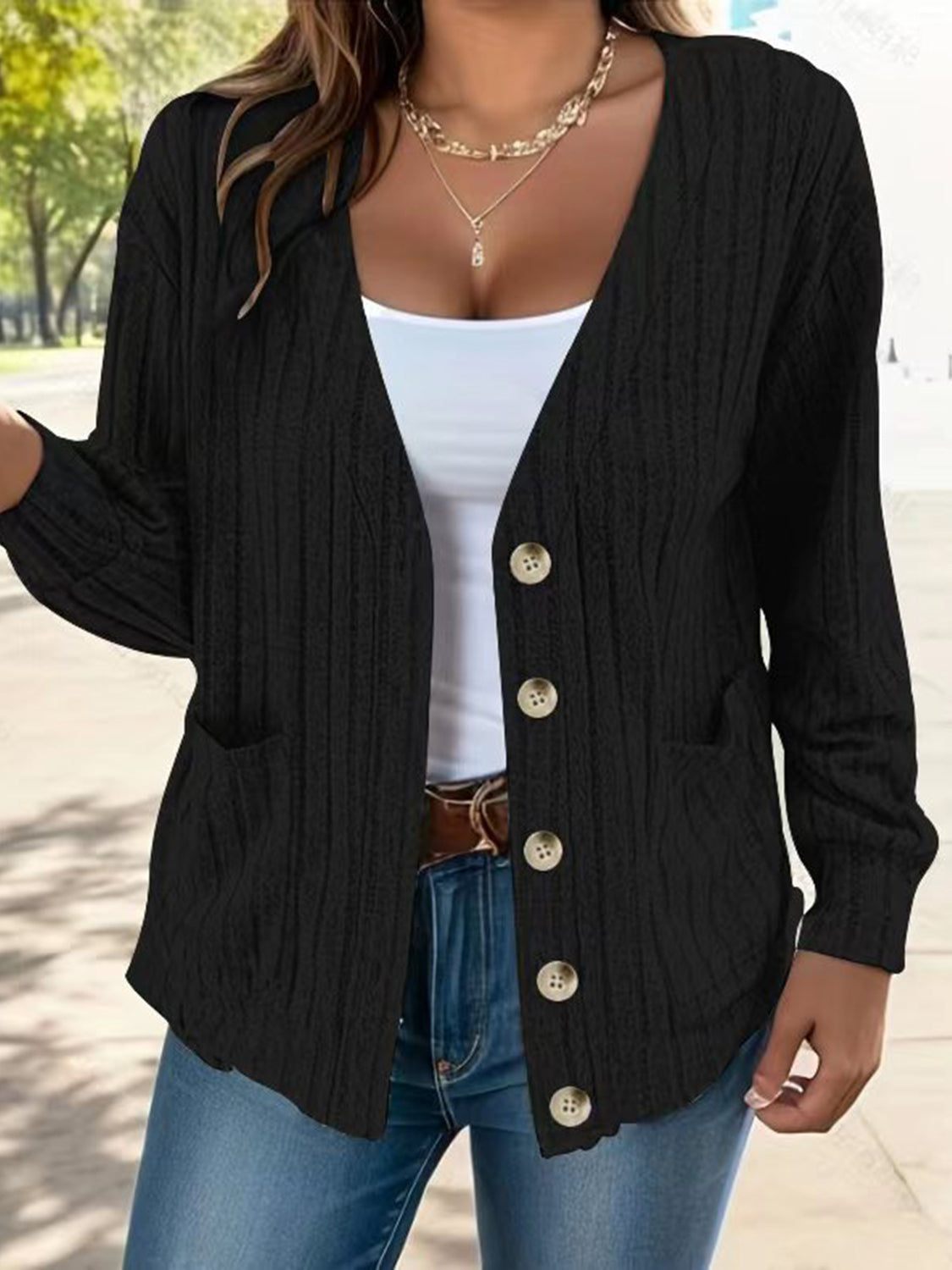 Full Size Button Up V-Neck Long Sleeve Cardigan by Wild and Free Boutique