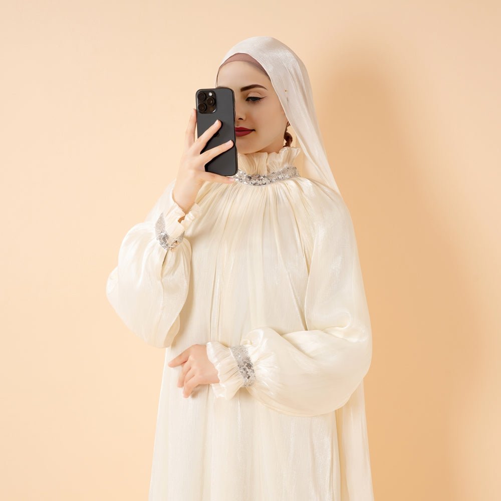 Elegant Glossy Flower Cuff Sequinned Abaya | Glossy Abaya With Sequins (MA140) by Mariam's Collection