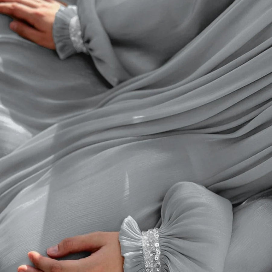 Elegant Glossy Flower Cuff Sequinned Abaya | Glossy Abaya With Sequins (MA140) by Mariam's Collection