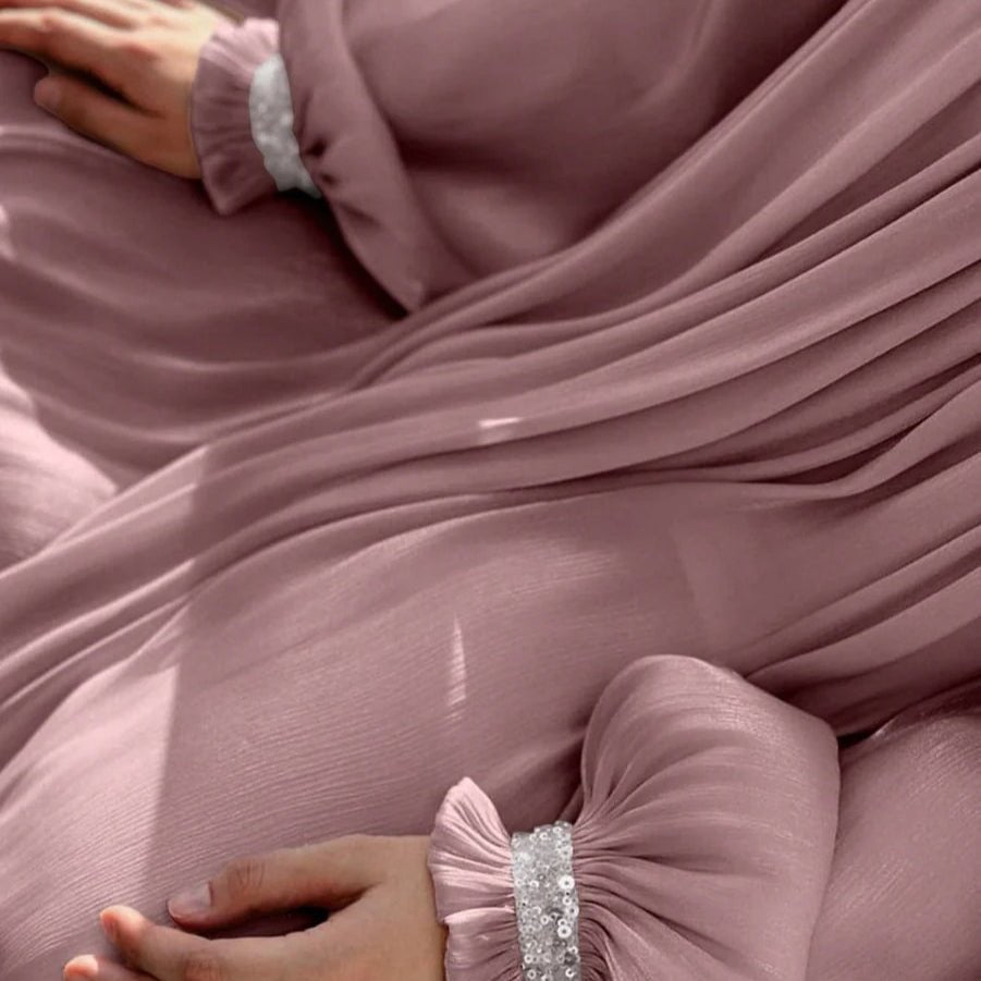 Elegant Glossy Flower Cuff Sequinned Abaya | Glossy Abaya With Sequins (MA140) by Mariam's Collection