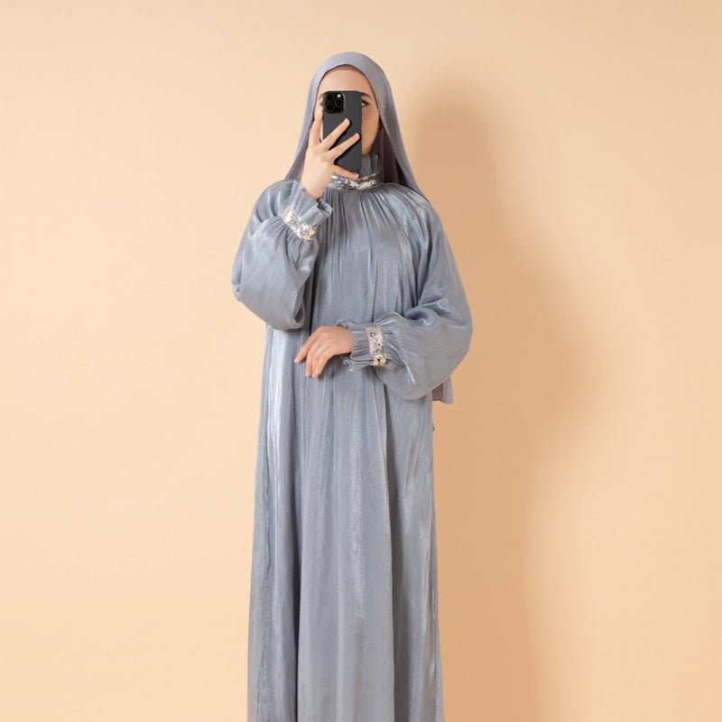 Elegant Glossy Flower Cuff Sequinned Abaya | Glossy Abaya With Sequins (MA140) by Mariam's Collection