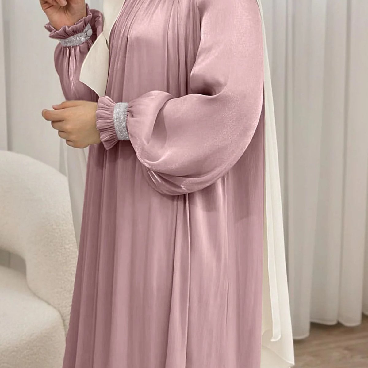 Elegant Glossy Flower Cuff Sequinned Abaya | Glossy Abaya With Sequins (MA140) by Mariam's Collection