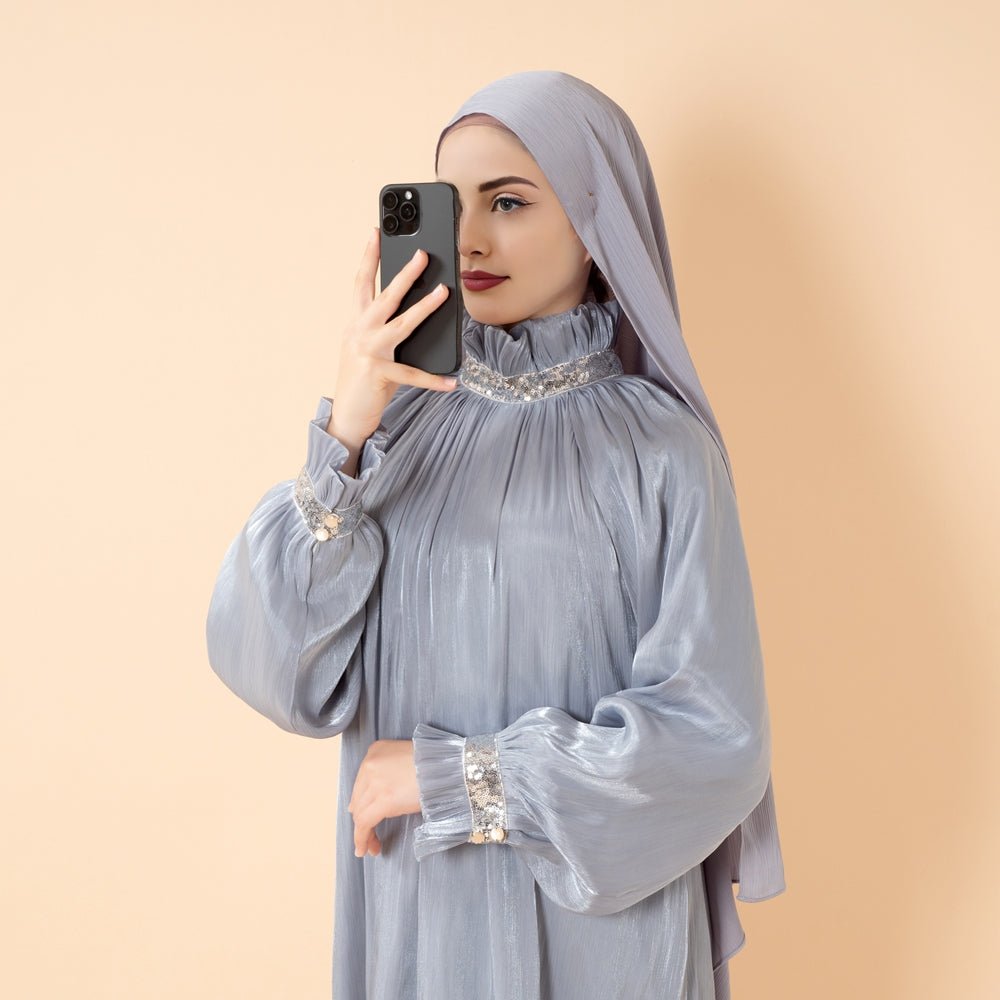 Elegant Glossy Flower Cuff Sequinned Abaya | Glossy Abaya With Sequins (MA140) by Mariam's Collection