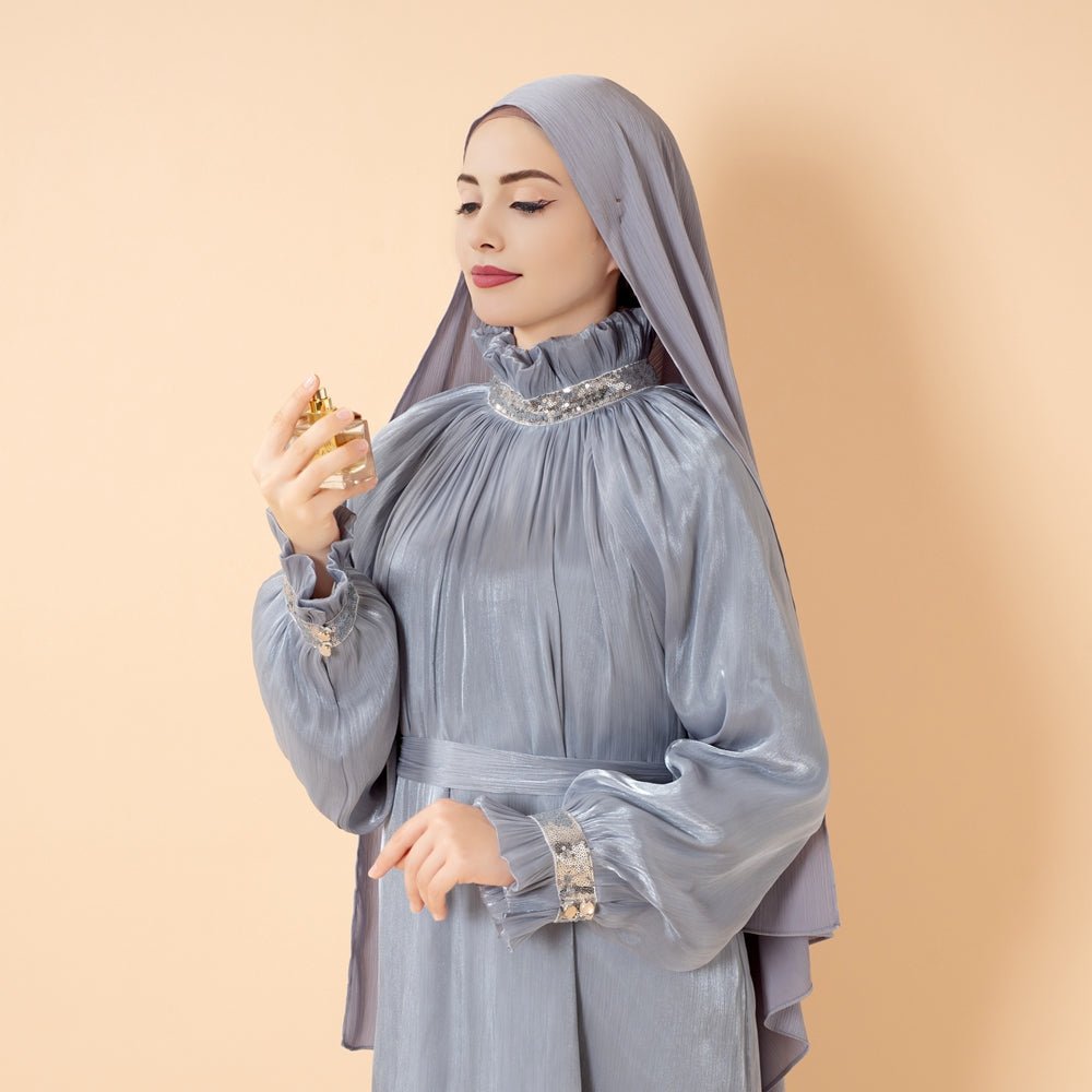 Elegant Glossy Flower Cuff Sequinned Abaya | Glossy Abaya With Sequins (MA140) by Mariam's Collection