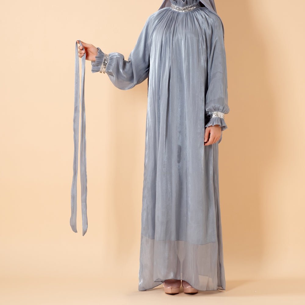 Elegant Glossy Flower Cuff Sequinned Abaya | Glossy Abaya With Sequins (MA140) by Mariam's Collection
