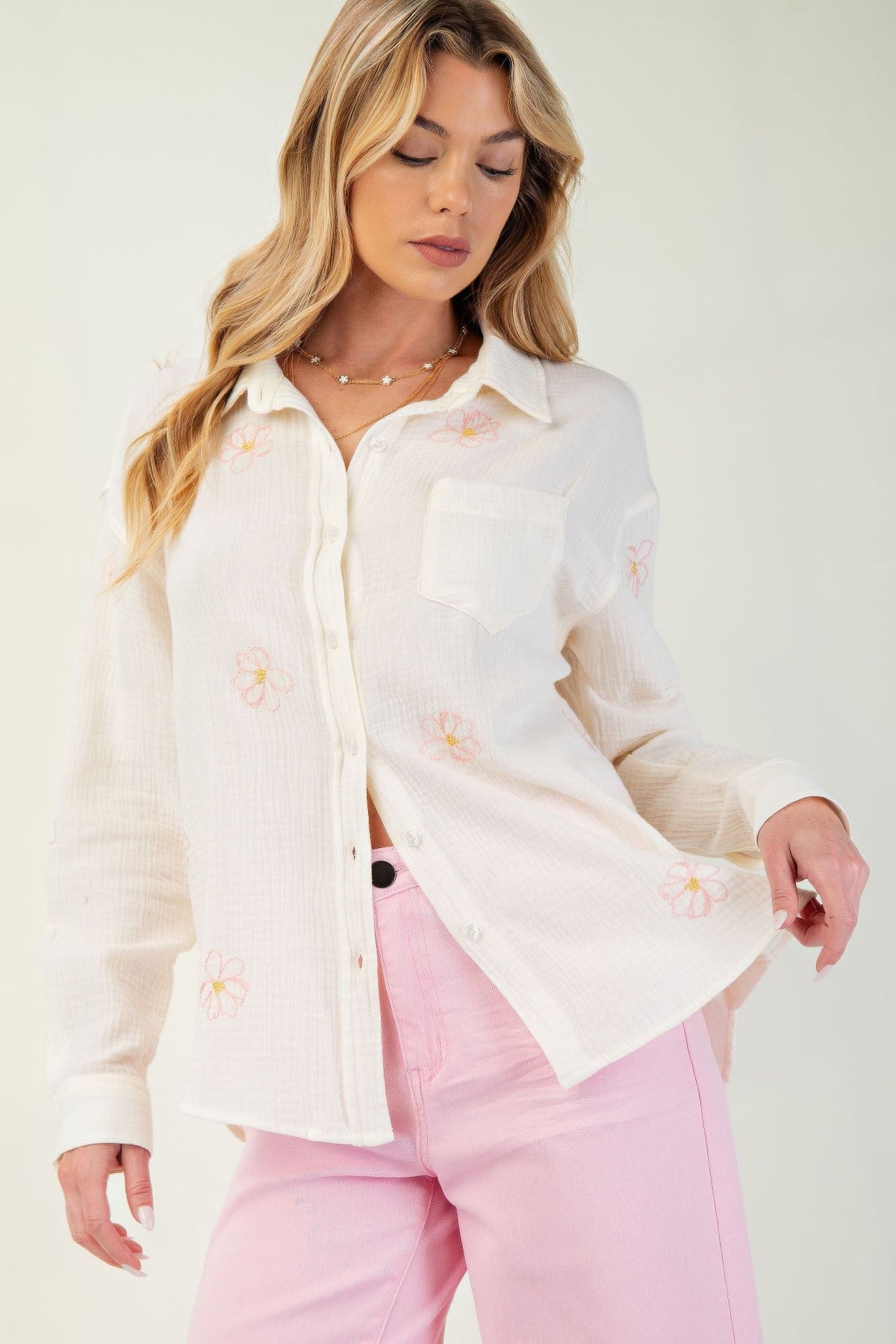 Embo detailed cotton gauze button down shirt by Tigbul's Variety Fashion Shop