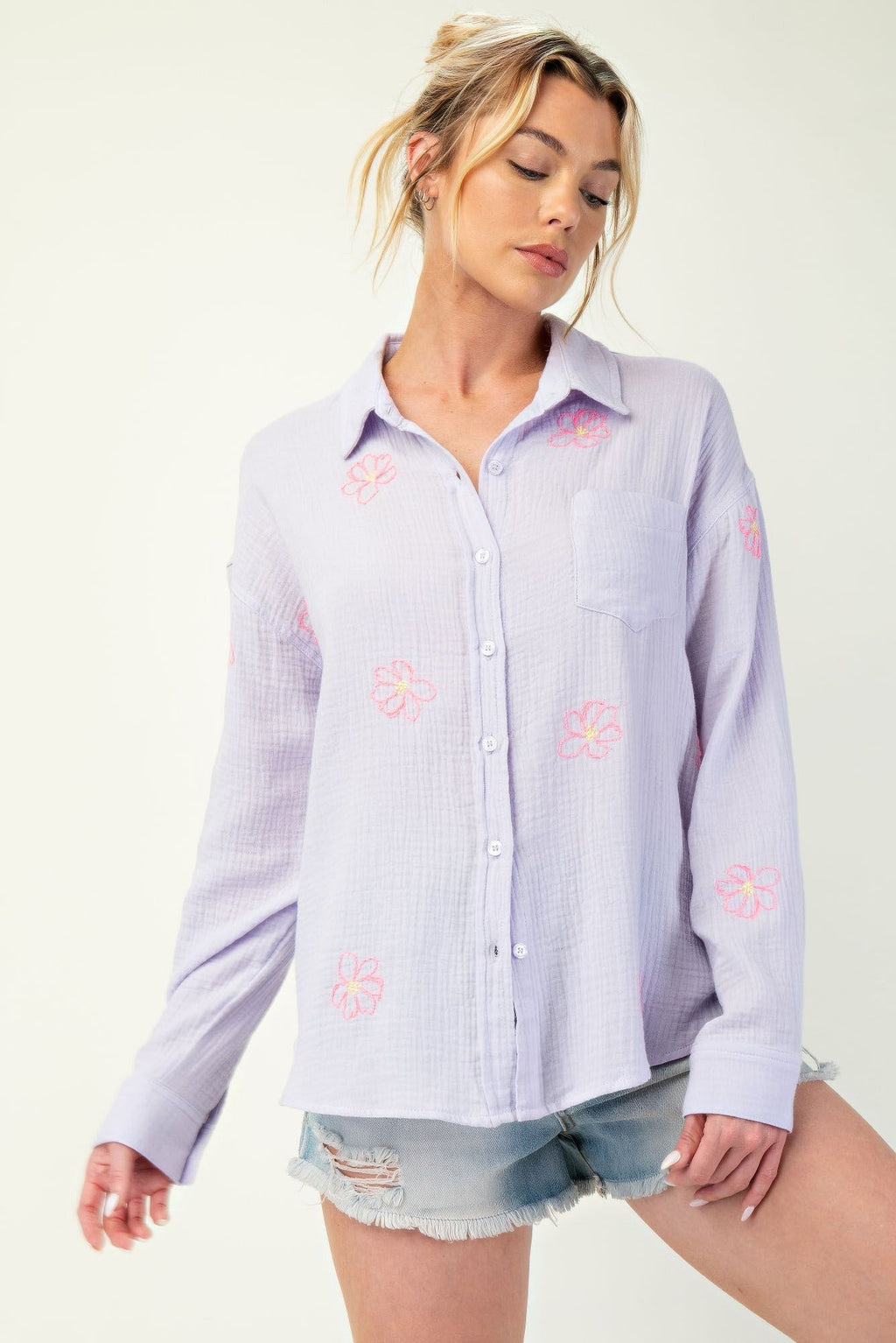 Embo detailed cotton gauze button down shirt by Tigbul's Variety Fashion Shop
