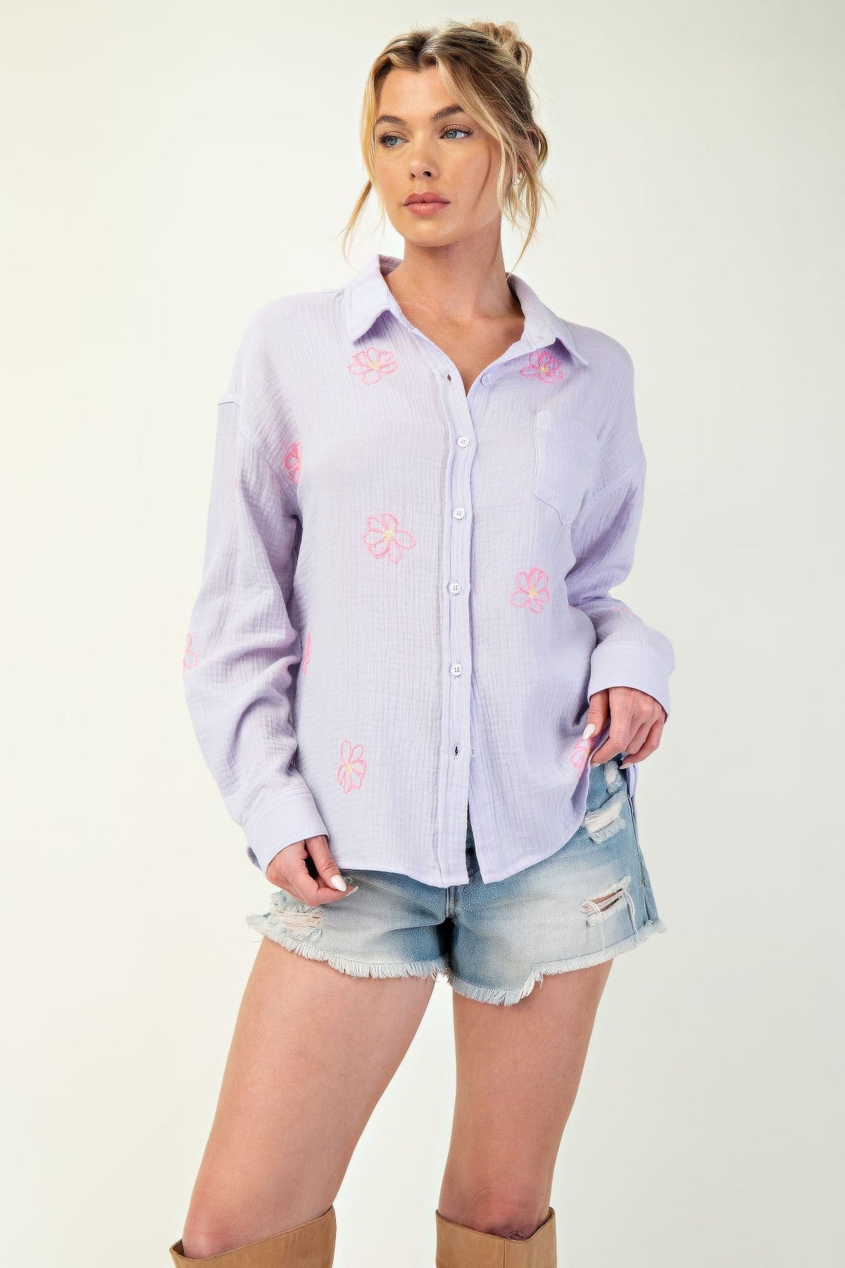 Embo detailed cotton gauze button down shirt by Tigbul's Variety Fashion Shop