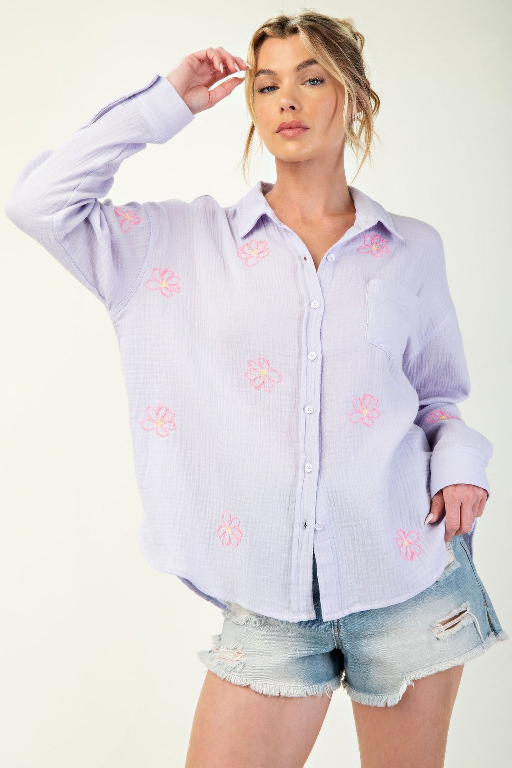 Embo detailed cotton gauze button down shirt by Tigbul's Variety Fashion Shop