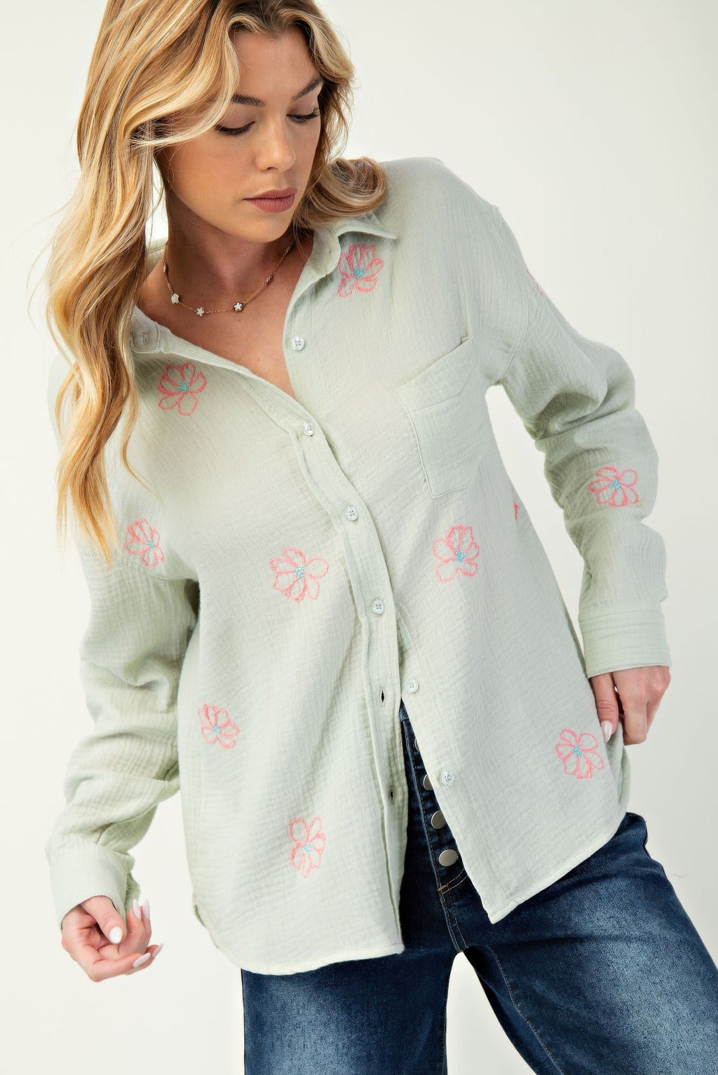 Embo detailed cotton gauze button down shirt by Tigbul's Variety Fashion Shop