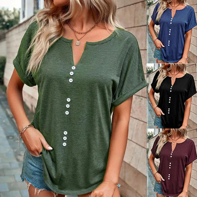 Summer V-neck Short Sleeve Button Design Blouse by Trendy Attic Store01