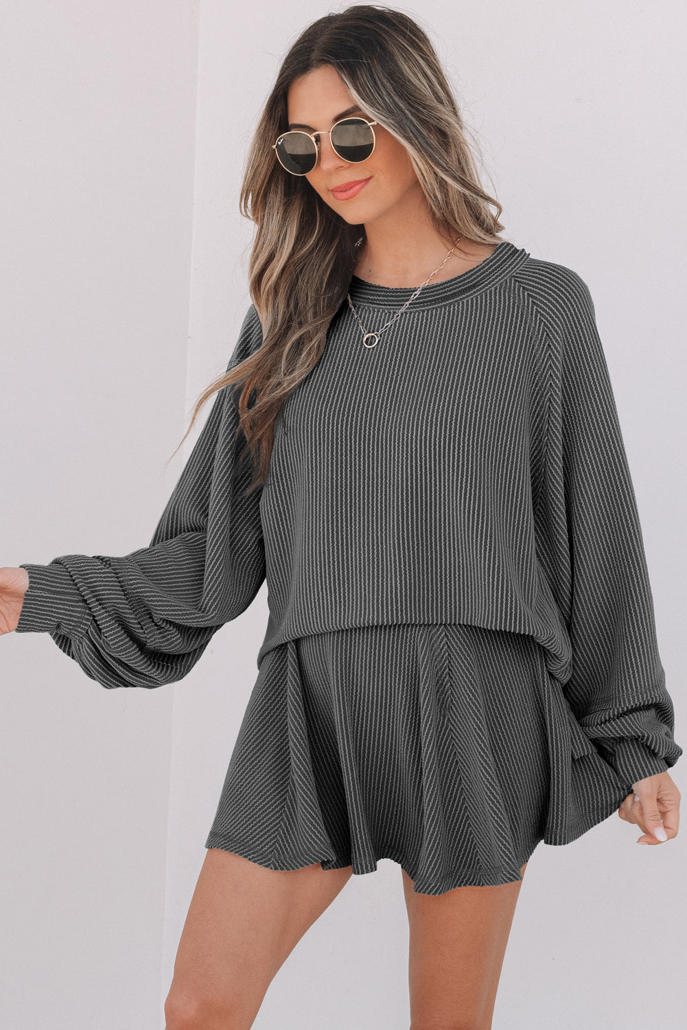 Jet Stream Corded Lantern Sleeve Top High Waist Ruffled Mini Skirt Set by Wild and Free Boutique