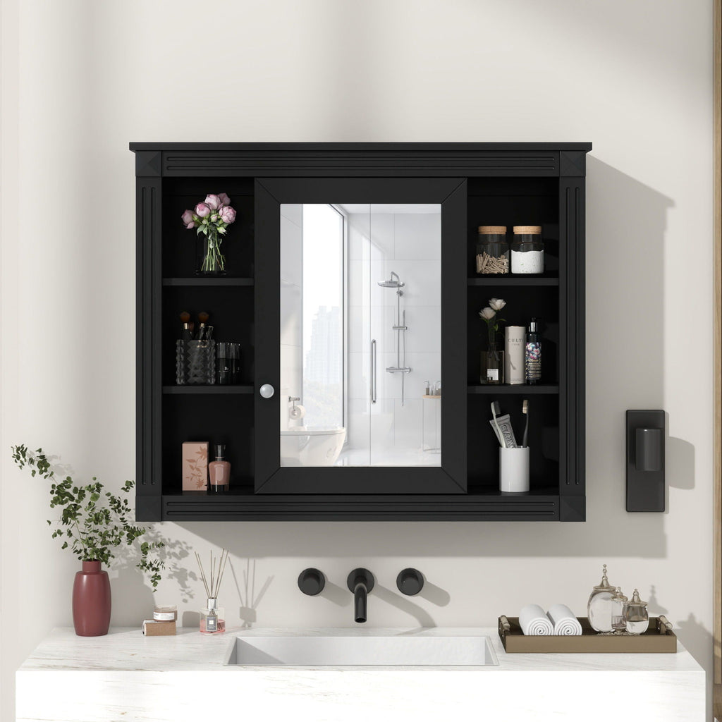 Wall-Mounted Bathroom Storage Cabinet With Mirror, 6 Open Shelves - Black by Unique Piece Furniture