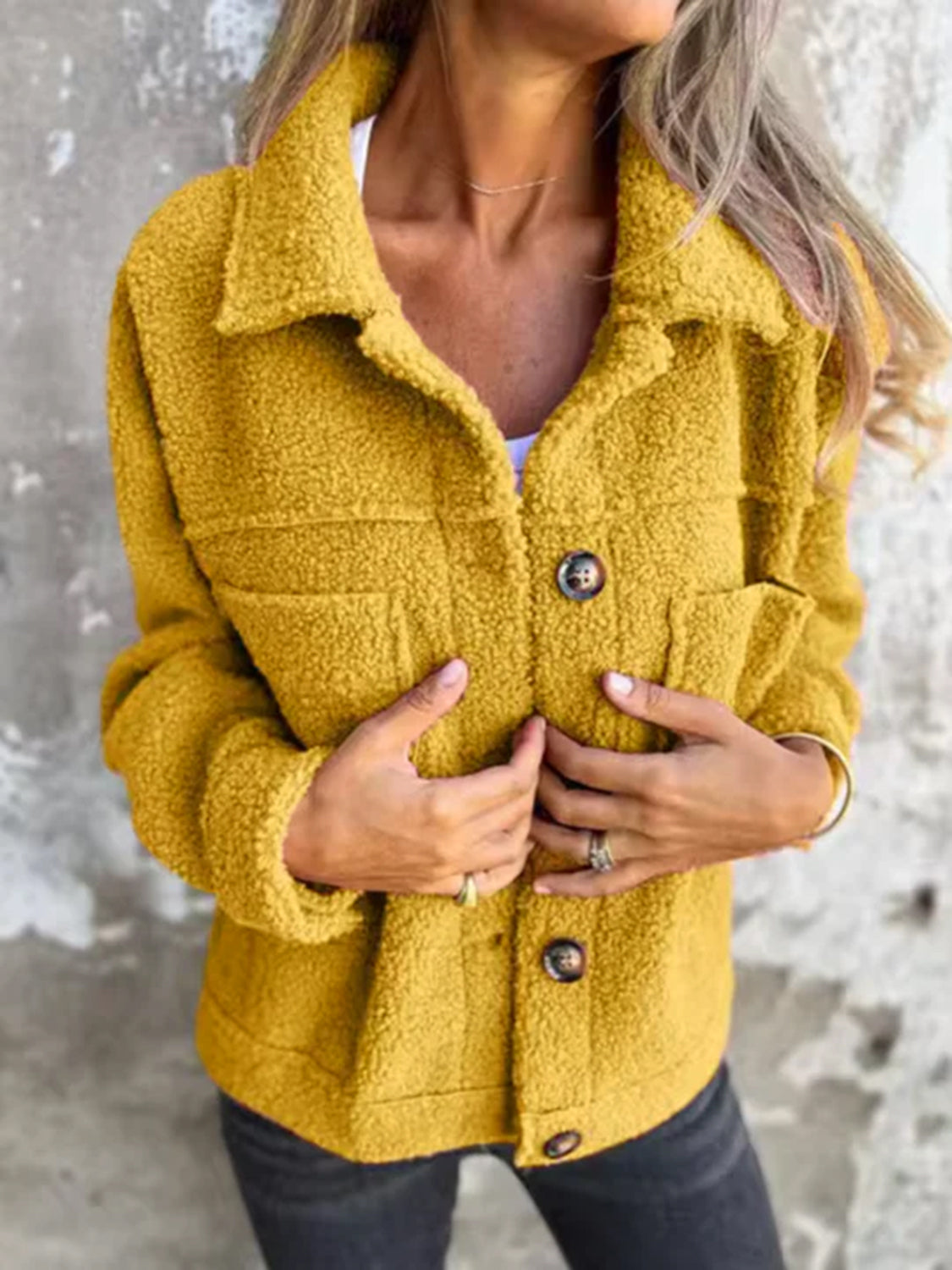 Full Size Fuzzy Button Up Drop Shoulder Jacket by Wild and Free Boutique