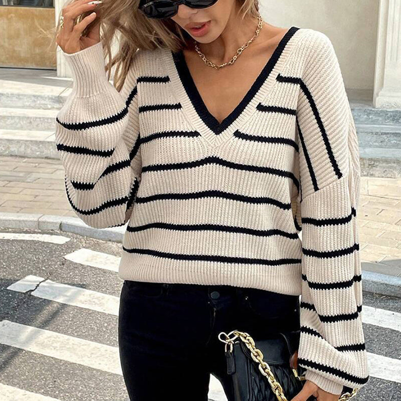 Women’s Striped V-Neck Sweater with Back Bow by FitiqueFit