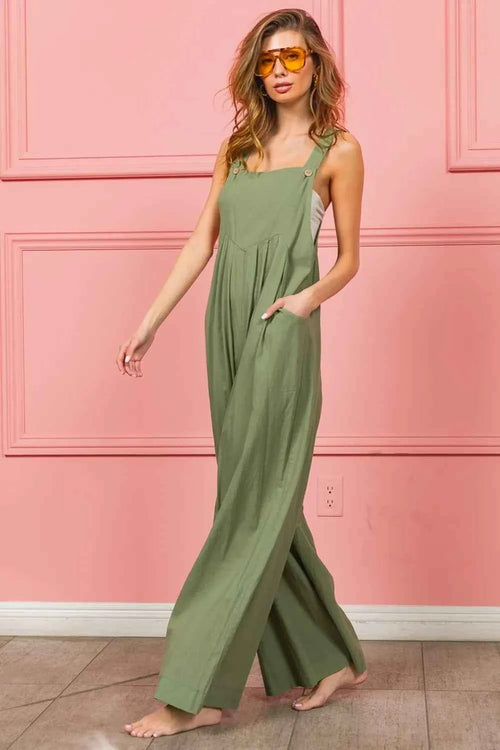 BiBi Ruched Wide Leg Overalls with Pockets by Wild and Free Boutique