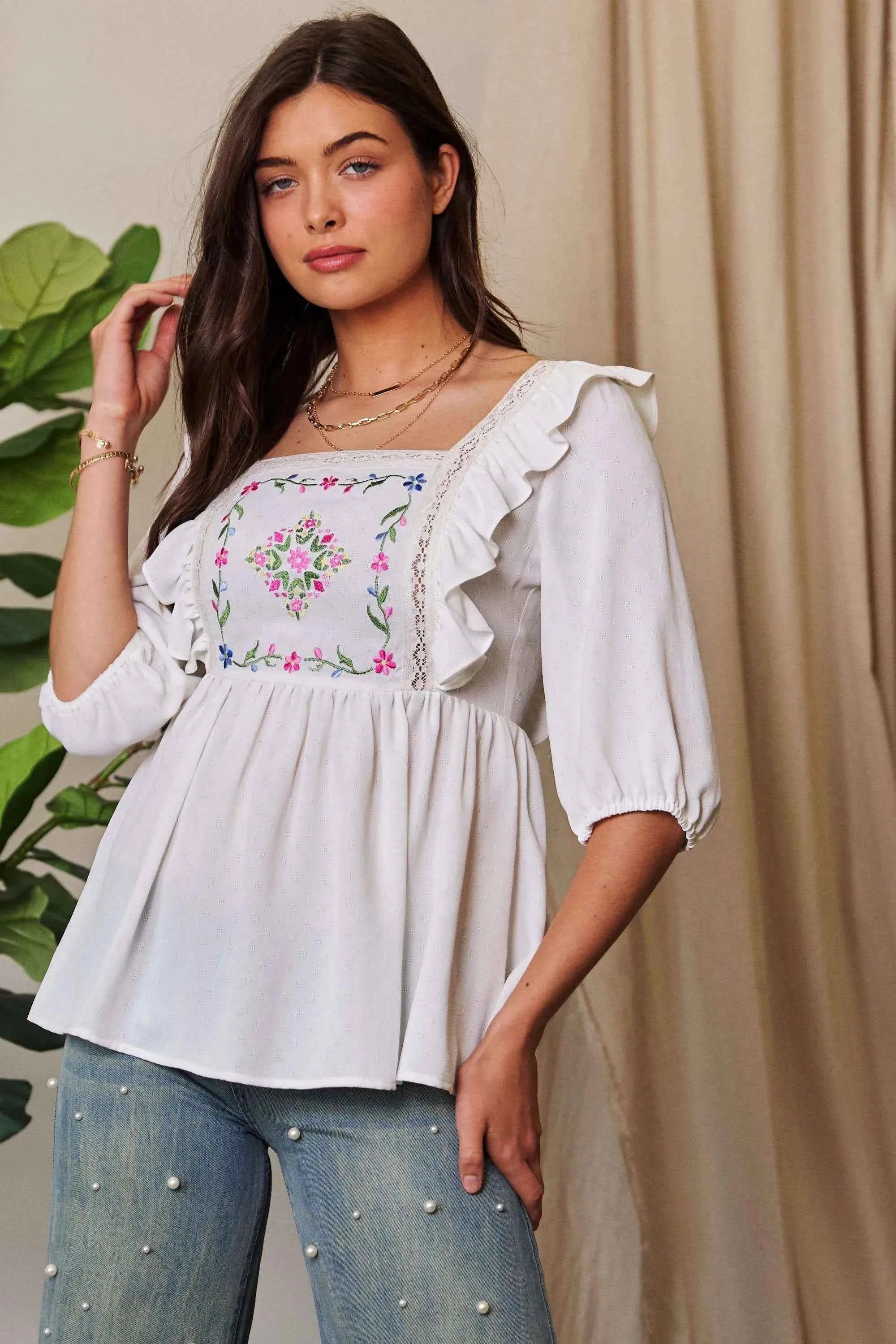 Davi & Dani Texture Tie Back Floral Embroidery Frill Blouse by Wild and Free Boutique