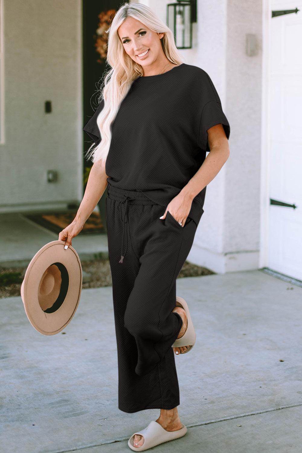 Double Take Full Size Texture Top and Pants Set for Women by Selvanelle
