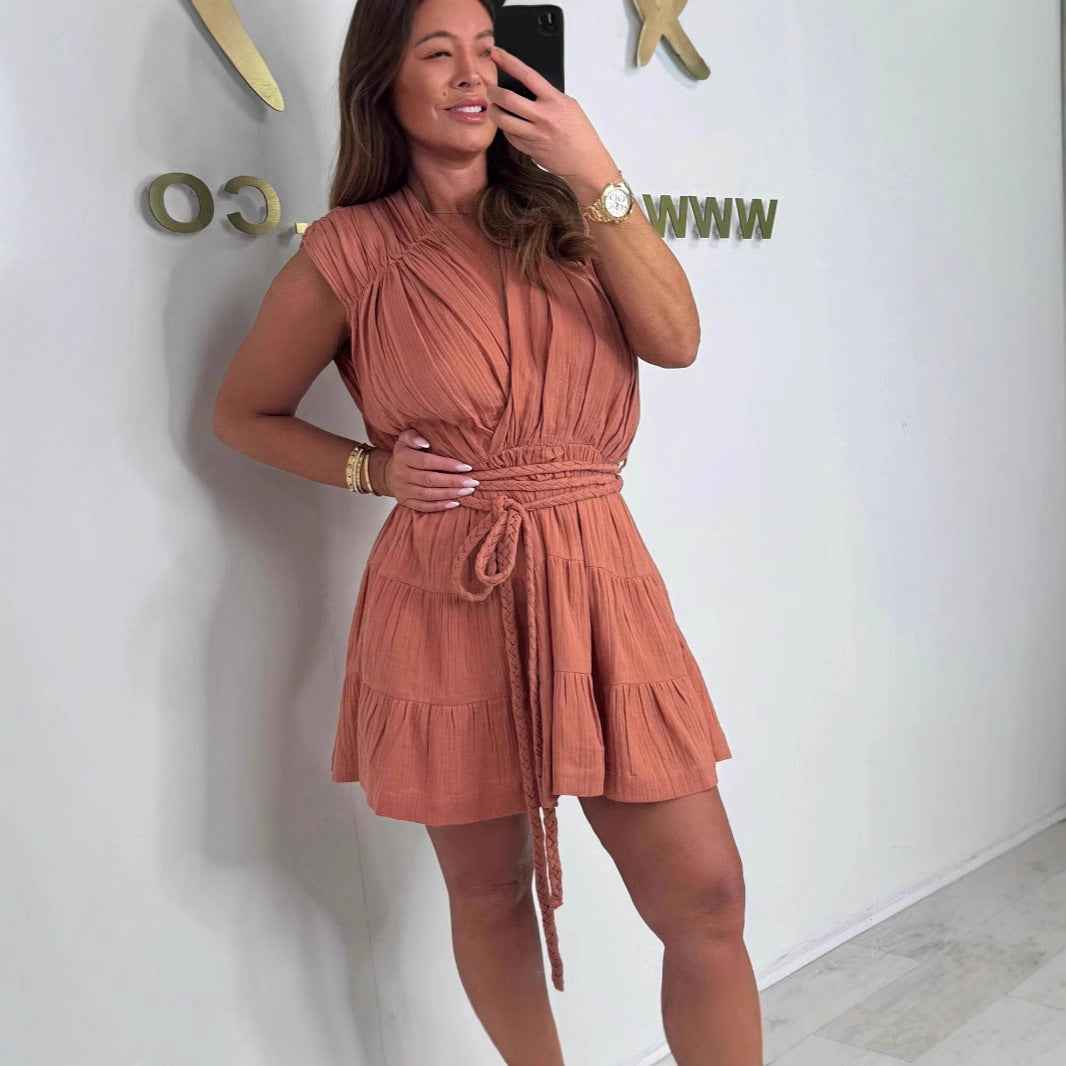 Elegant Solid Color Stringy Selvedge Waist Crew Neck Sleeveless Dress by Wild and Free Boutique