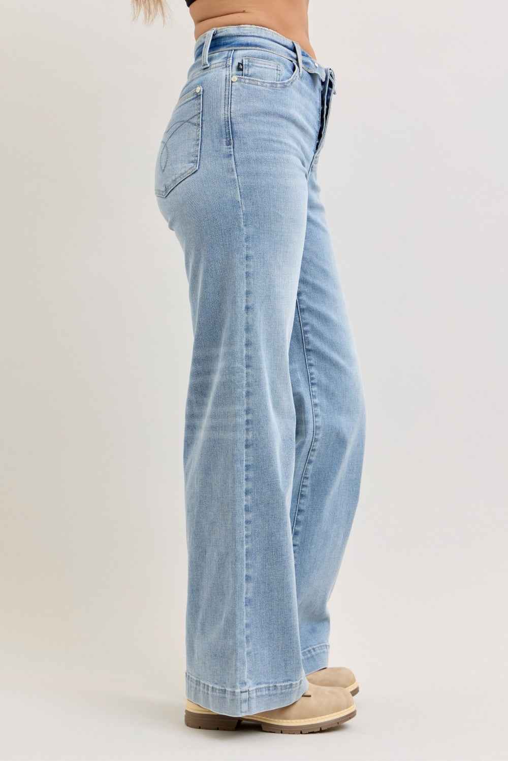 Judy Blue Mid Rise Retro Wide Leg Jeans with Fold-over Waistband by Wild and Free Boutique