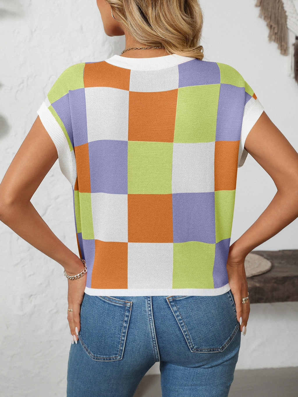 Mandy Checkered Round Neck Cap Sleeve Knit Top by Wild and Free Boutique