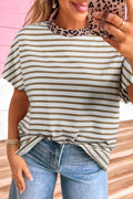 Khaki Stripe Leopard Patchwork Round Neck Loose T Shirt by Wild and Free Boutique