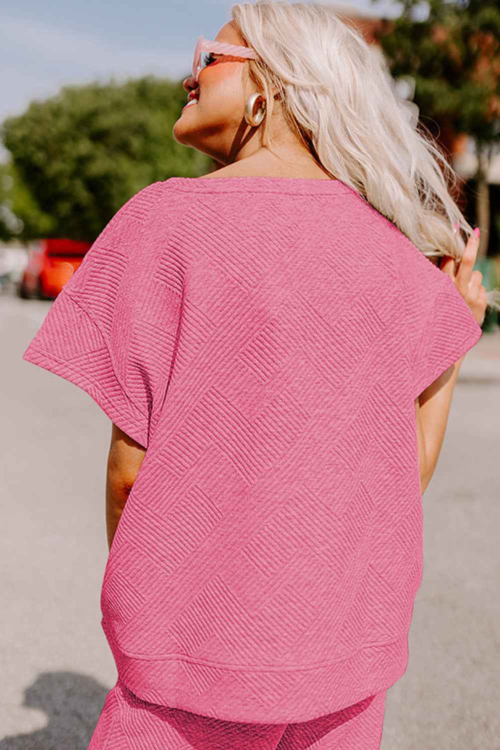 Strawberry Pink Textured Loose Fit T Shirt and Drawstring Pants Set by Wild and Free Boutique