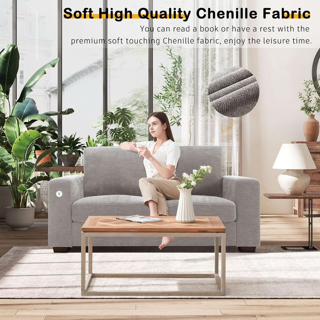 70 Inch Gray Chenille Loveseat With USB C Ports And Plush Cushions by ShipItFurniture