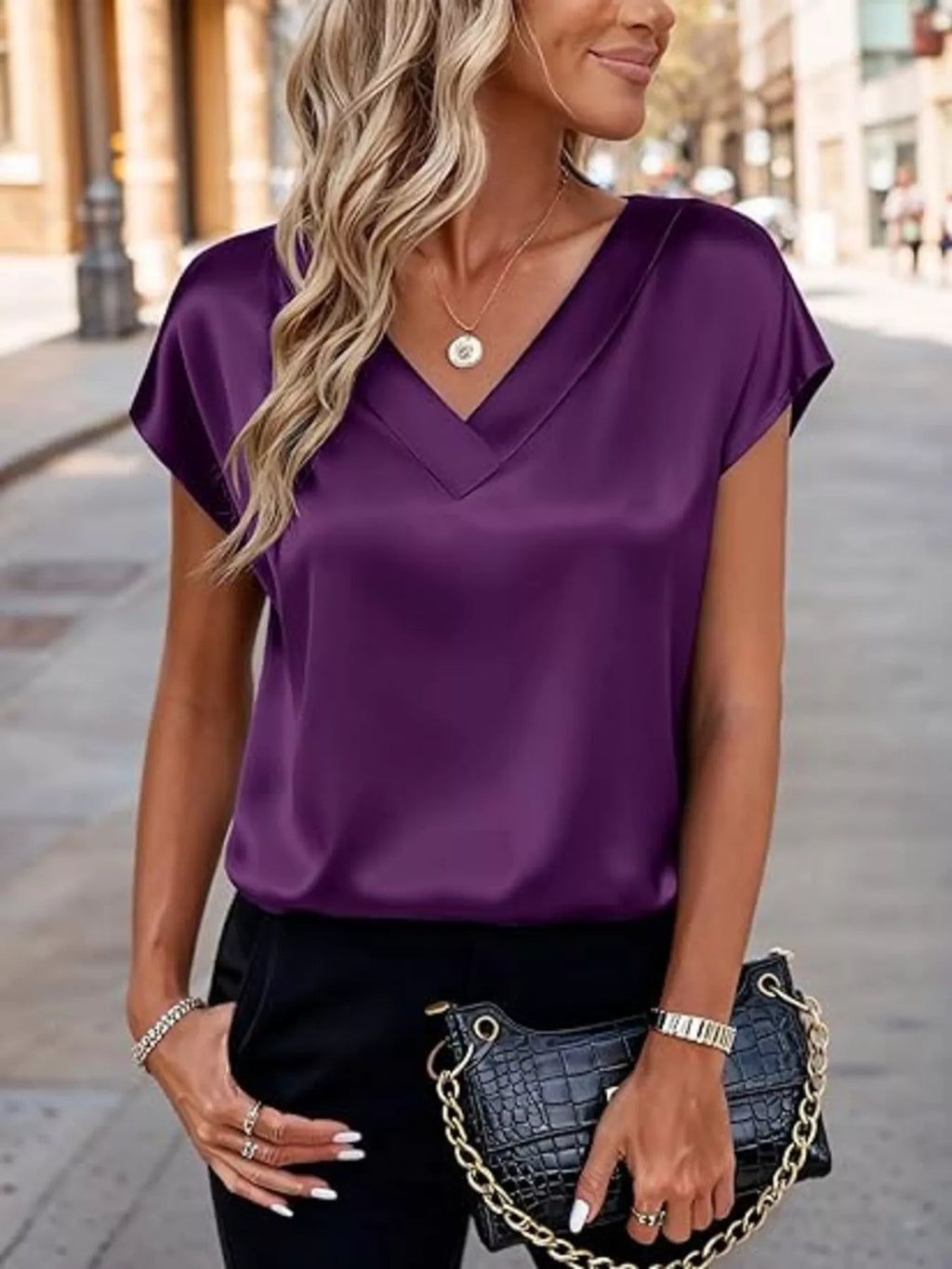Satin V-Neck Short Sleeve Blouse by Wild and Free Boutique