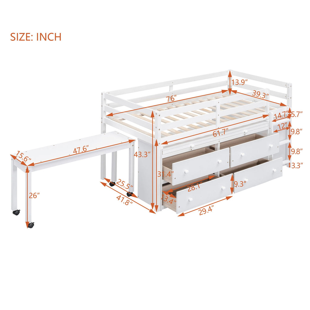 Loft Bed With Retractable Writing Desk And 4 Drawers, With Lateral Portable Desk And Shelves by Unique Piece Furniture