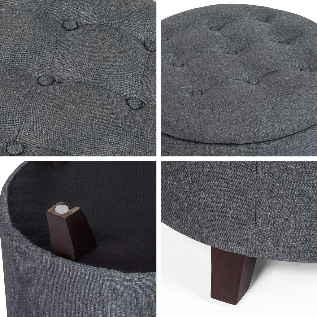 Gray Fabric Round Storage Ottoman With Button Tufting by ShipItFurniture