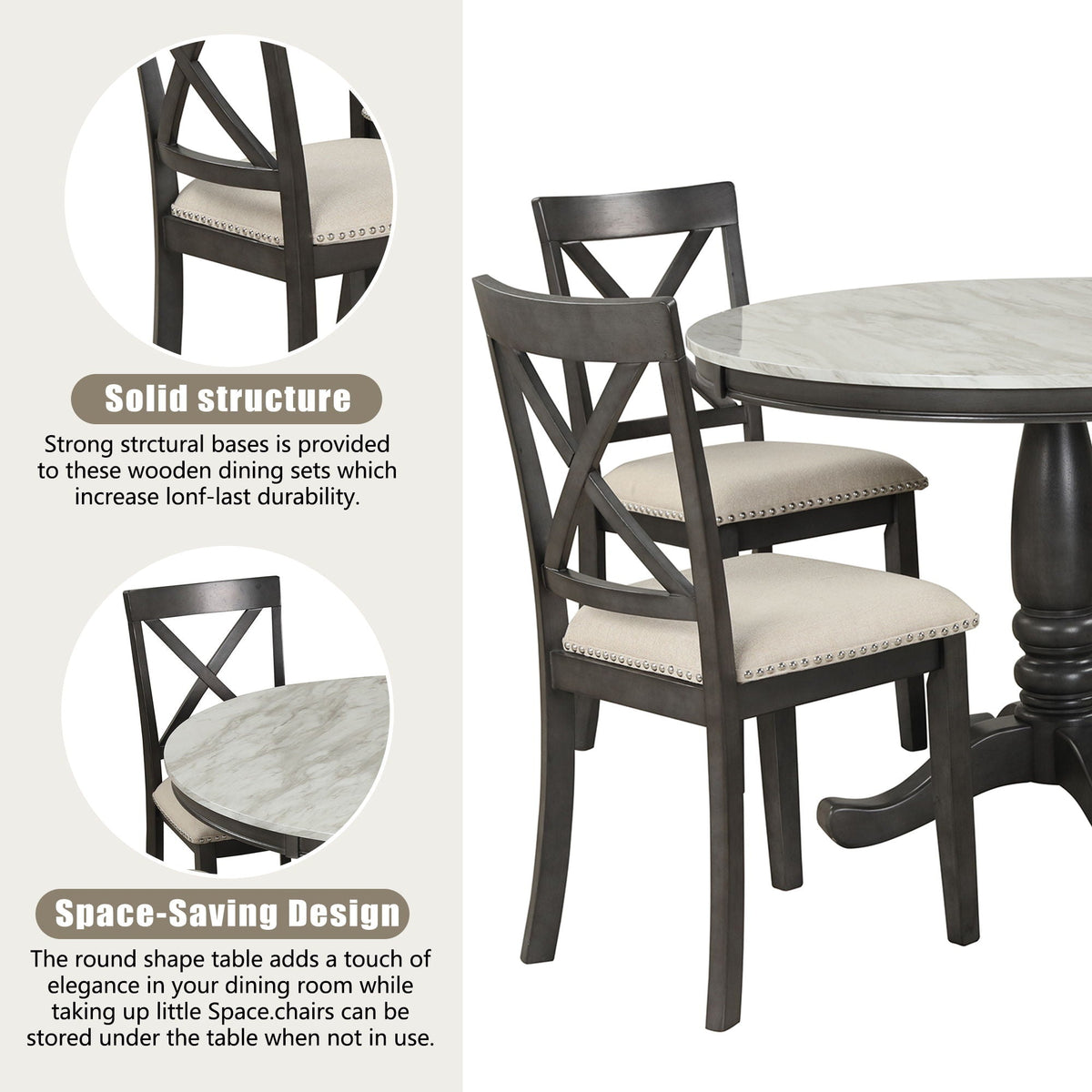5 Pieces Dining Table And Chairs Set For 4 Persons, Kitchen Room Solid Wood Table With 4 Chairs by Unique Piece Furniture